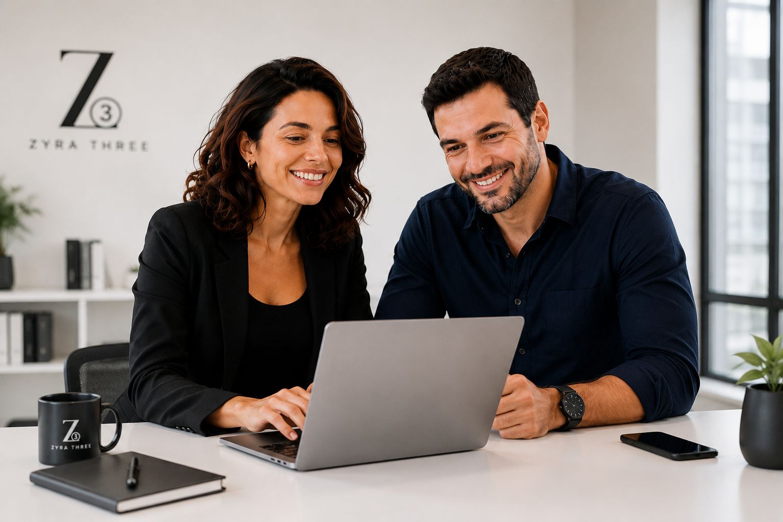 Equipe Zyra atendendo clientes no escritório